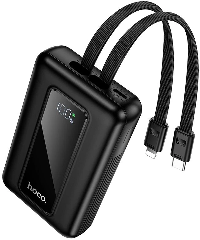 Powerbank 10000 mAh QC PD 22,5W with built-in cables USB C+ Lightning Hoco J162 juodas