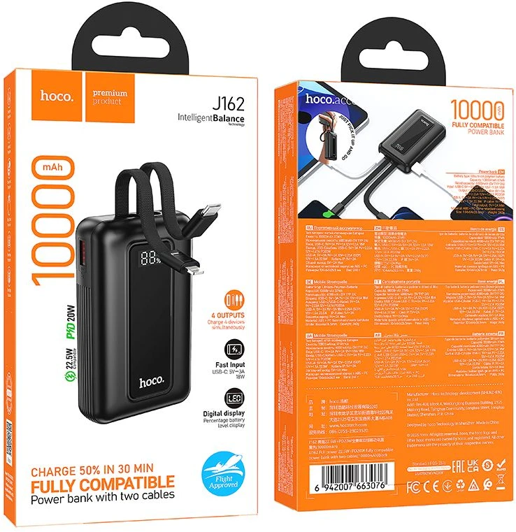 Powerbank 10000 mAh QC PD 22,5W with built-in cables USB C+ Lightning Hoco J162 juodas