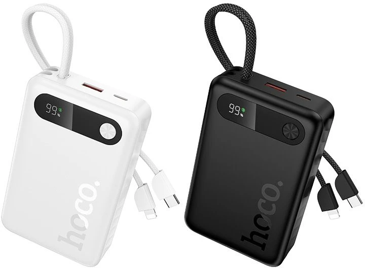 Powerbank 10000 mAh QC PD 2A 22,5W with built-in cables USB C + Lightning Hoco J171 Edge baltas