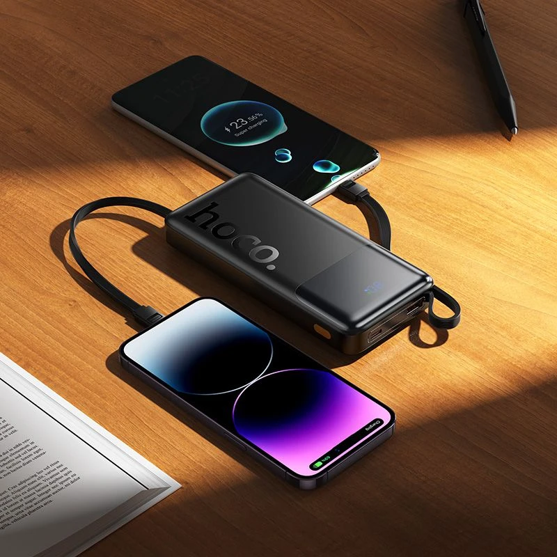 Powerbank 10000 mAh QC PD 2A 22,5W with built-in cables USB A + USB C + Lightning + Micro USB Hoco J156 juodas