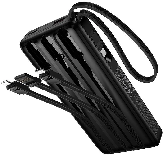 Powerbank 10000 mAh QC PD 2A 22,5W with built-in cables USB A + USB C + Lightning + Micro USB Hoco J156 juodas