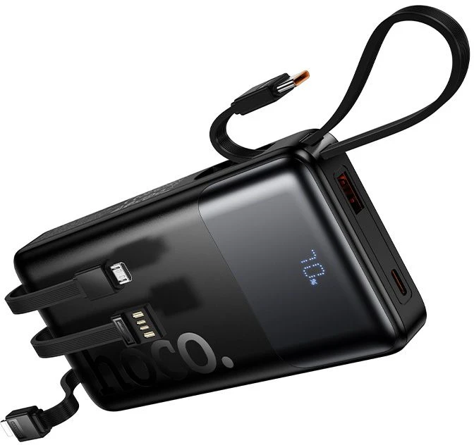 Powerbank 10000 mAh QC PD 2A 22,5W with built-in cables USB A + USB C + Lightning + Micro USB Hoco J156 juodas