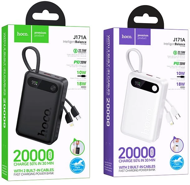 Powerbank 10000 mAh QC PD 2A 22,5W with built-in cables USB C + Lightning Hoco J171 Edge juodas
