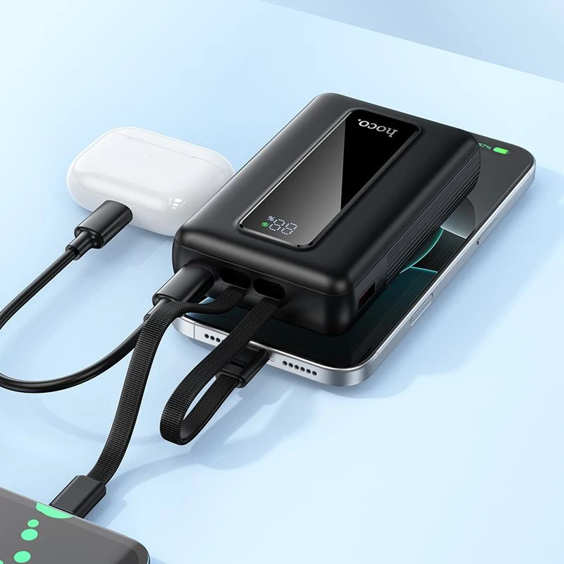 Powerbank 20000 mAh QC PD 22,5W with built-in cables USB C+ Lightning Hoco J162A juodas