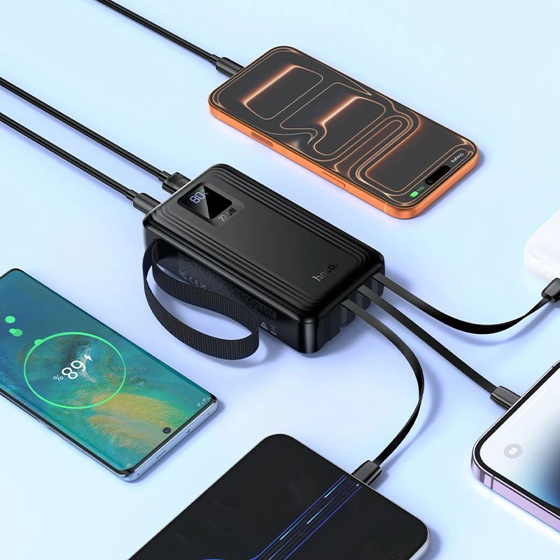 Powerbank 20000 mAh QC PD 22,5W with built-in cables USB A + USB C+ Lightning + Micro USB and two lights Hoco J173 juodas