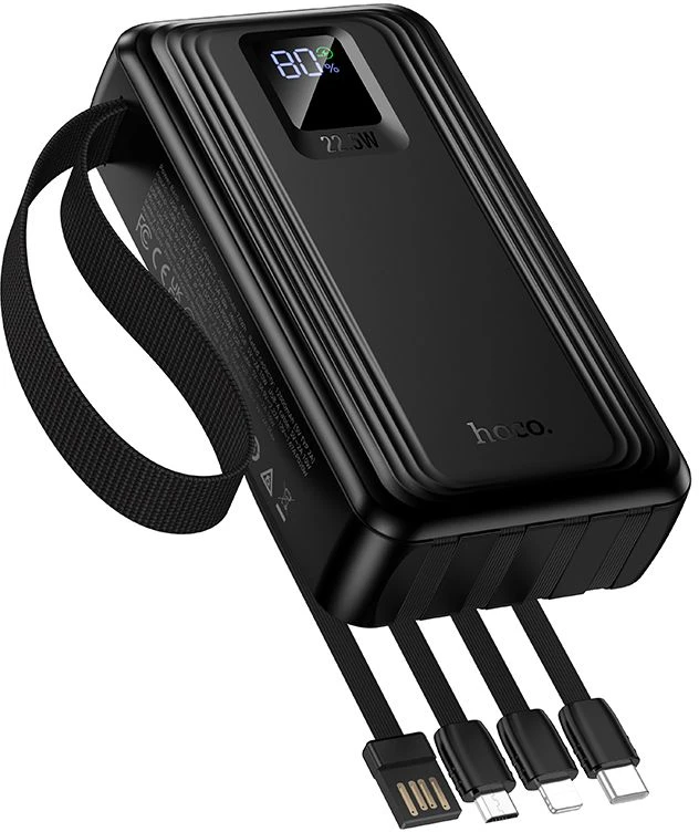 Powerbank 20000 mAh QC PD 22,5W with built-in cables USB A + USB C+ Lightning + Micro USB and two lights Hoco J173 juodas