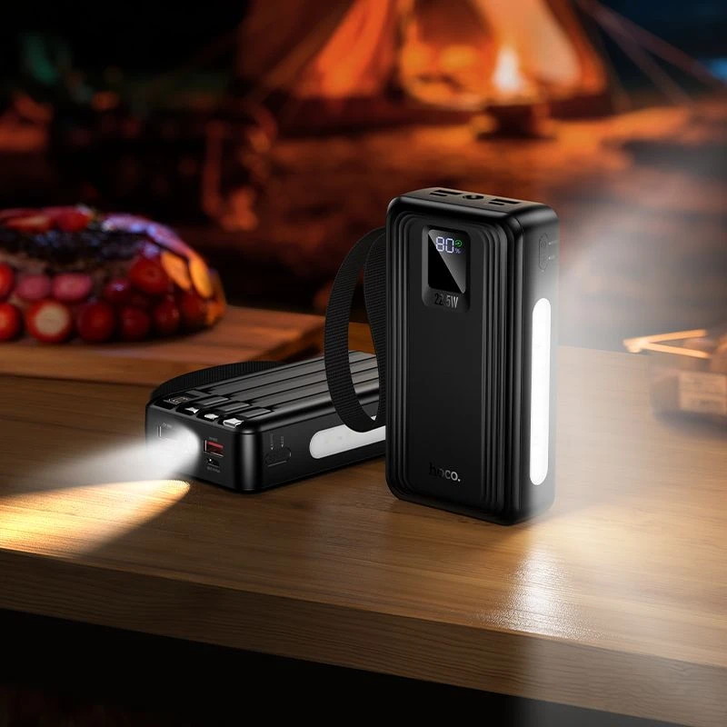 Powerbank 20000 mAh QC PD 22,5W with built-in cables USB A + USB C+ Lightning + Micro USB and two lights Hoco J173 juodas
