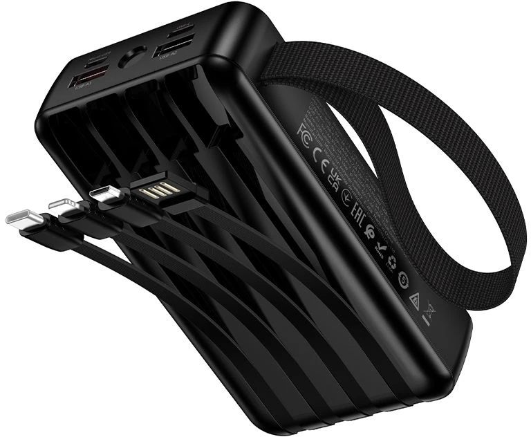 Powerbank 20000 mAh QC PD 22,5W with built-in cables USB A + USB C+ Lightning + Micro USB and two lights Hoco J173 juodas