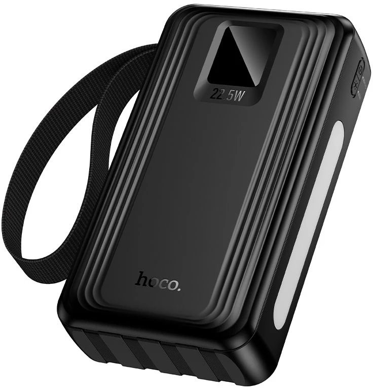 Powerbank 20000 mAh QC PD 22,5W with built-in cables USB A + USB C+ Lightning + Micro USB and two lights Hoco J173 juodas