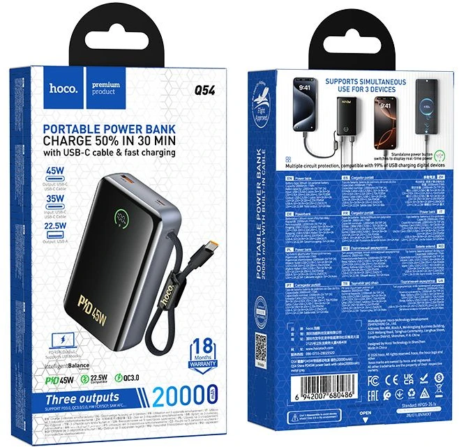 Powerbank 20000 mAh QC PD 2A 45W with built-in cable USB C Hoco Q54 metal pilka