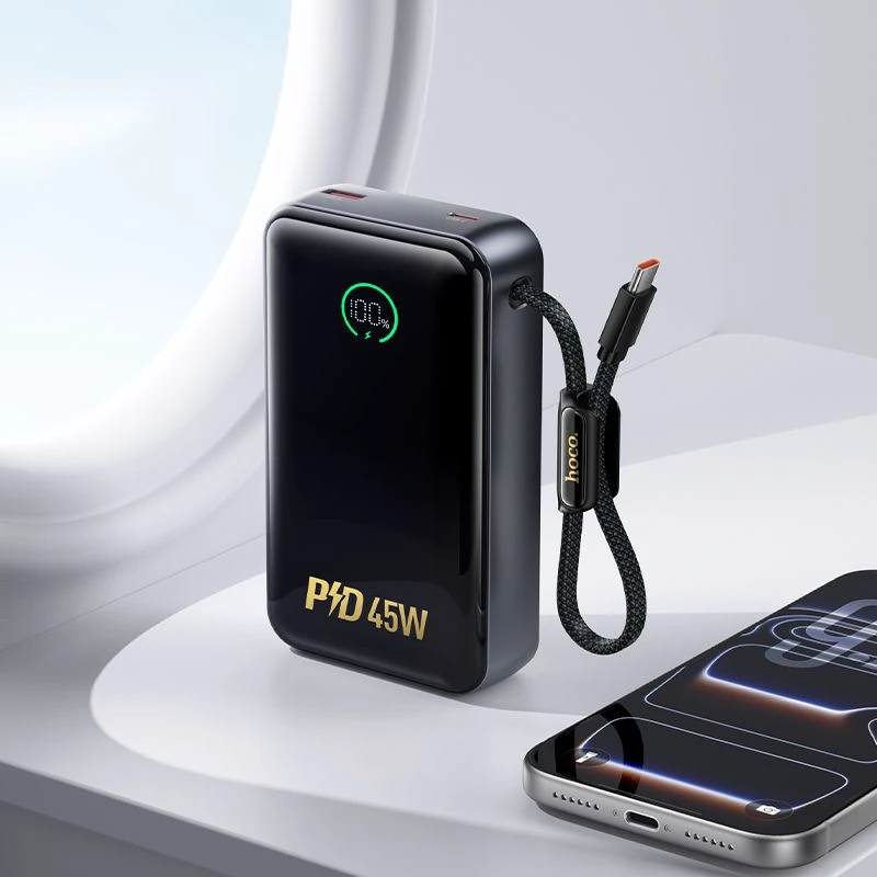 Powerbank 20000 mAh QC PD 2A 45W with built-in cable USB C Hoco Q54 metal pilka