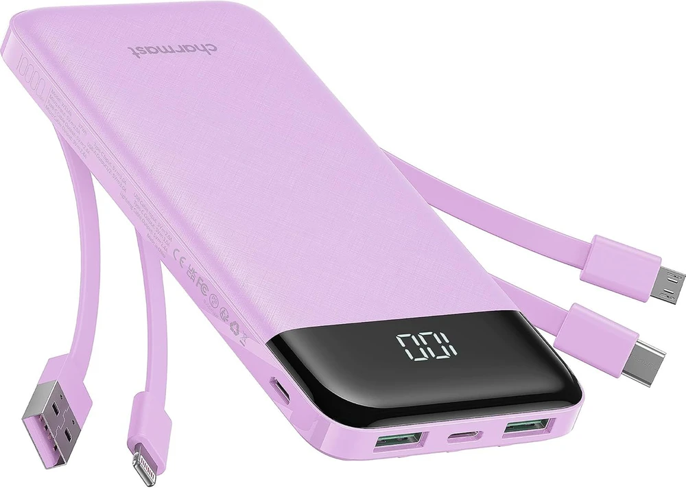 Nešiojamoji baterija 5V 3A 10000 mAh su integruotais laidais USB A / USB C / Lightning / Micro USB Charmast W1148 violetinė