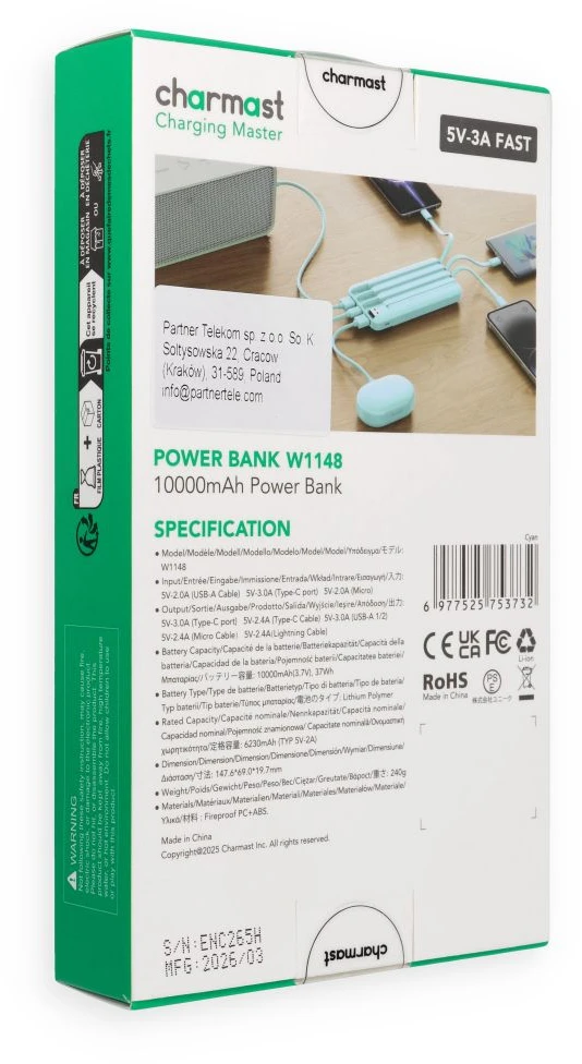 Nešiojamoji baterija 5V 3A 10000 mAh su integruotais laidais USB A / USB C / Lightning / Micro USB Charmast W1148 žalias