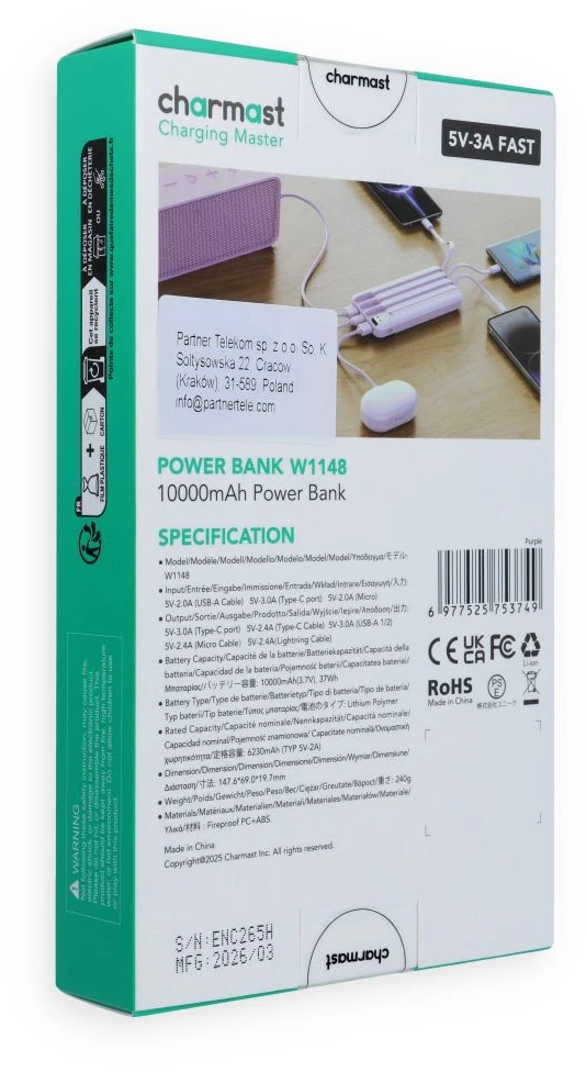 Nešiojamoji baterija 5V 3A 10000 mAh su integruotais laidais USB A / USB C / Lightning / Micro USB Charmast W1148 violetinė