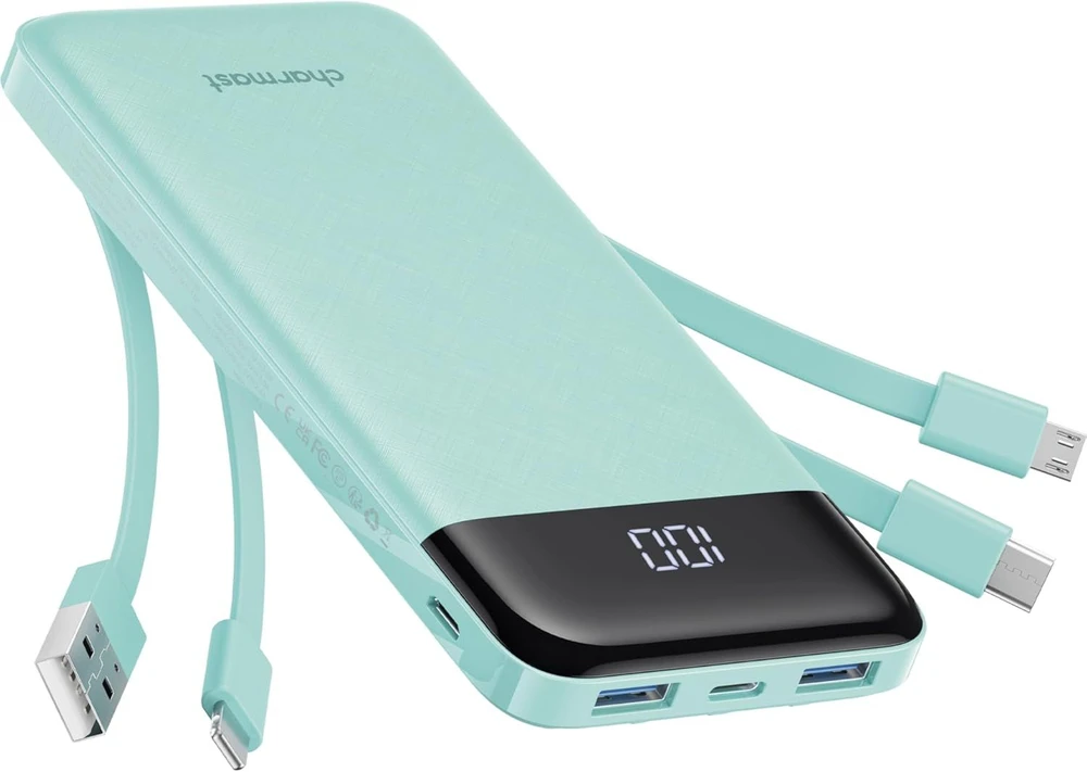 Nešiojamoji baterija 5V 3A 10000 mAh su integruotais laidais USB A / USB C / Lightning / Micro USB Charmast W1148 žalias