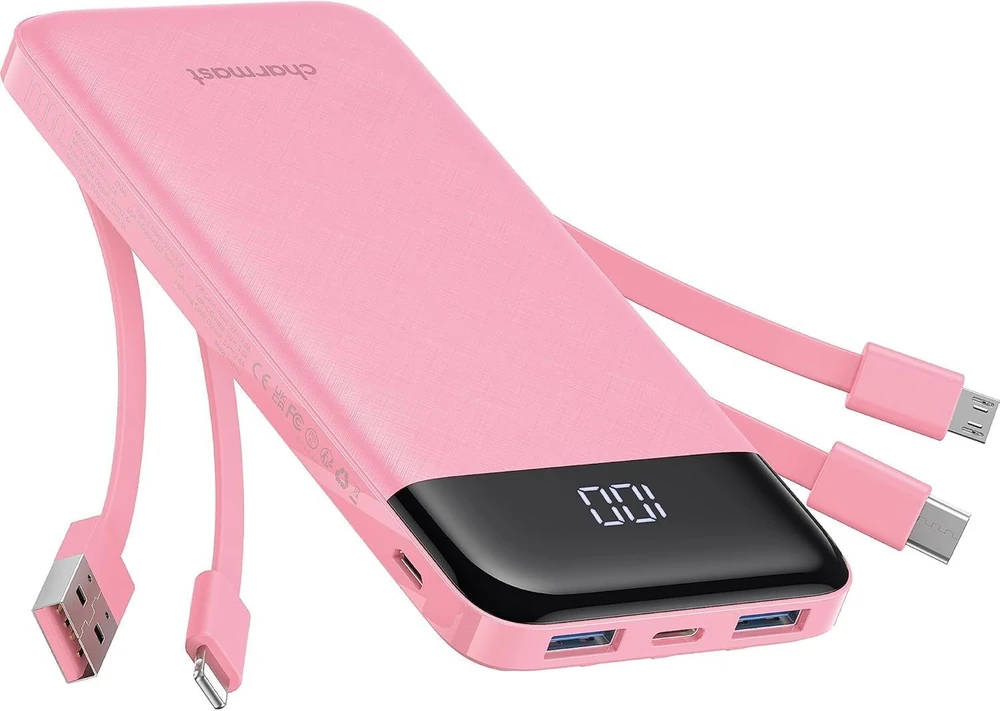 Nešiojamoji baterija 5V 3A 10000 mAh su integruotais laidais USB A / USB C / Lightning / Micro USB Charmast W1148 rožinė