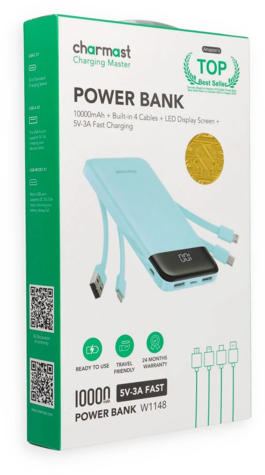 Nešiojamoji baterija 5V 3A 10000 mAh su integruotais laidais USB A / USB C / Lightning / Micro USB Charmast W1148 žalias
