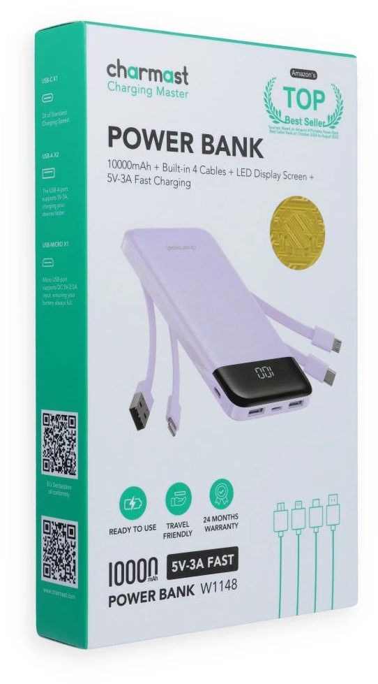 Nešiojamoji baterija 5V 3A 10000 mAh su integruotais laidais USB A / USB C / Lightning / Micro USB Charmast W1148 violetinė