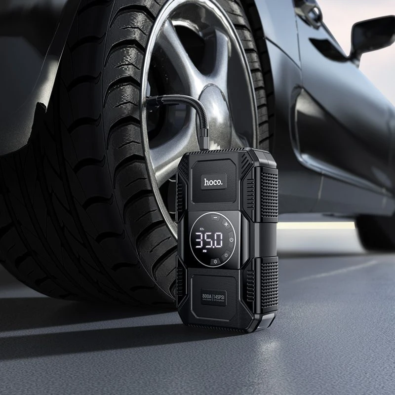 Powerbank 8000 mAh 2,4A 18W with a car jump-start function and air pump Hoco QS6 juodas