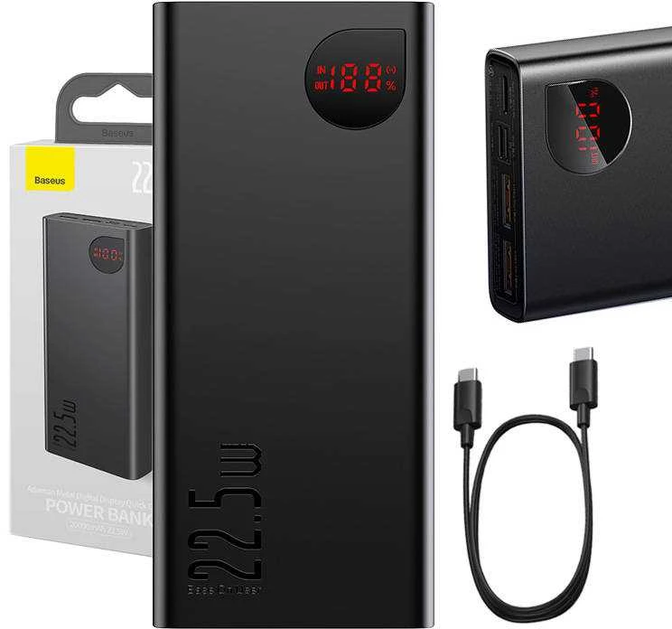 LiPo išorinis akumuliatorius (Powerbank) 20000mAh 22.5W su PD3.0 QC3.0 2xUSB + USB C ADAMAN Metal juodas BASEUS
