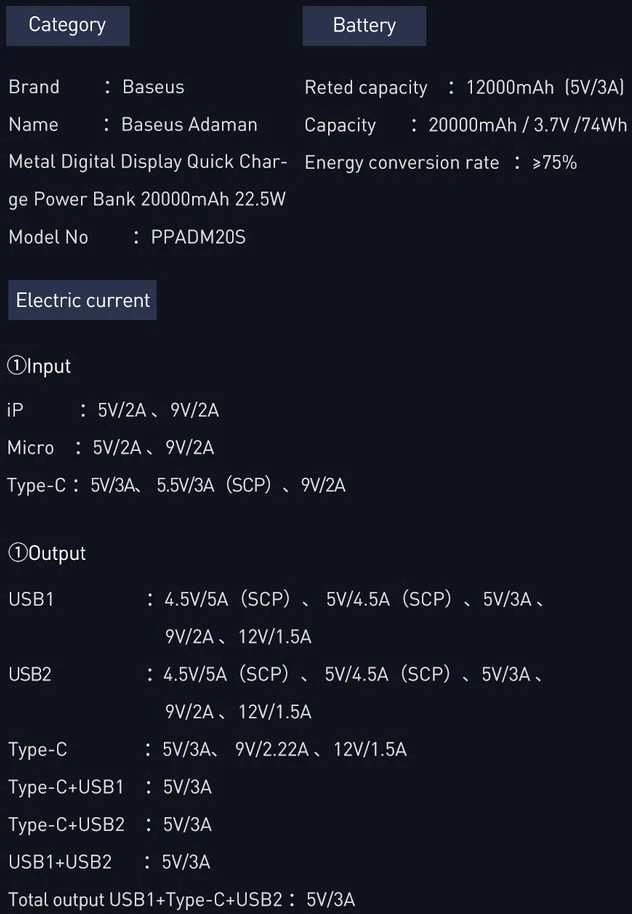 LiPo išorinis akumuliatorius (Powerbank) 20000mAh 22.5W su PD3.0 QC3.0 2xUSB + USB C ADAMAN Metal juodas BASEUS