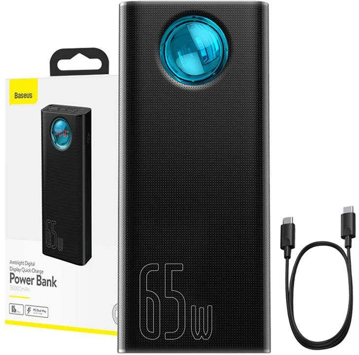 LiPo išorinis akumuliatorius (Powerbank) 30000mAh 65W su PD3.0 QC3.0 4xUSB + USB C Amblight juodas BASEUS