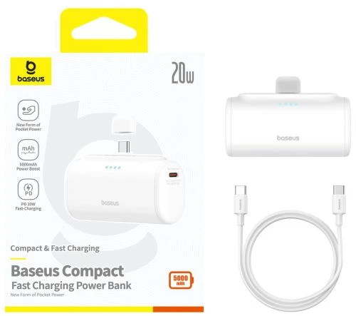 Baseus Kompaktiškas nešiojamasis akumuliatorius su greituoju įkrovimu, Type-C įėjimas + Type-C išėjimas (su C+C kabeliu) PD20W, 5000 mAh, baltas (P10068306213-00)