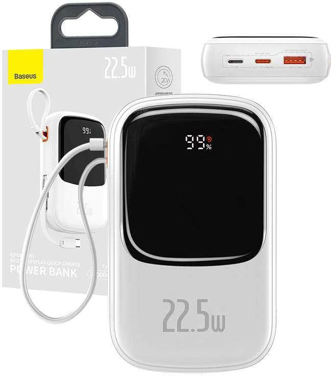 Powerbank Baseus Qpow PRO su laidu, 20000mAh, 22.5W (balta)