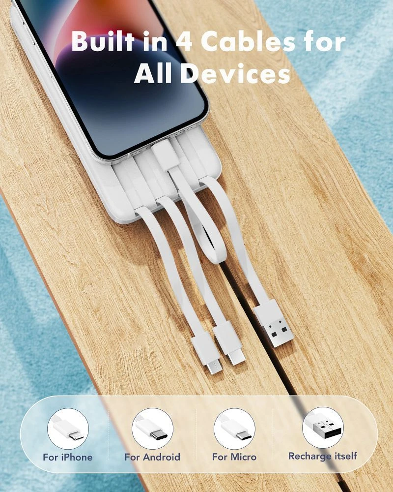 Powerbank Charmast W1148 5V 3A 10000 mAh with built-in cables USB A / USB C / Lightning / Micro USB Baltas