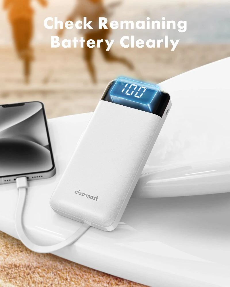 Powerbank Charmast W1148 5V 3A 10000 mAh with built-in cables USB A / USB C / Lightning / Micro USB Baltas