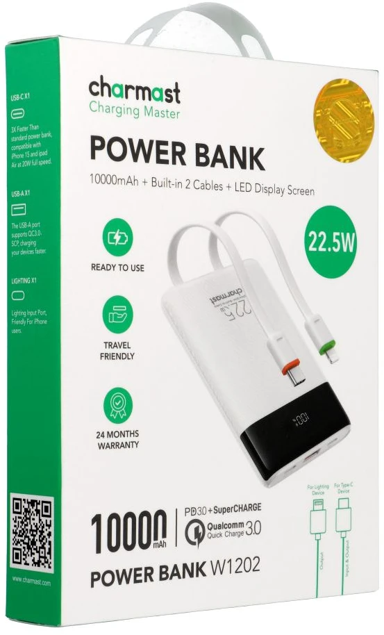 Nešiojamoji baterija Charmast W1202 PD3.0 3A 22,5W 10000 mAh su integruotais laidais USB C / Lightning baltas