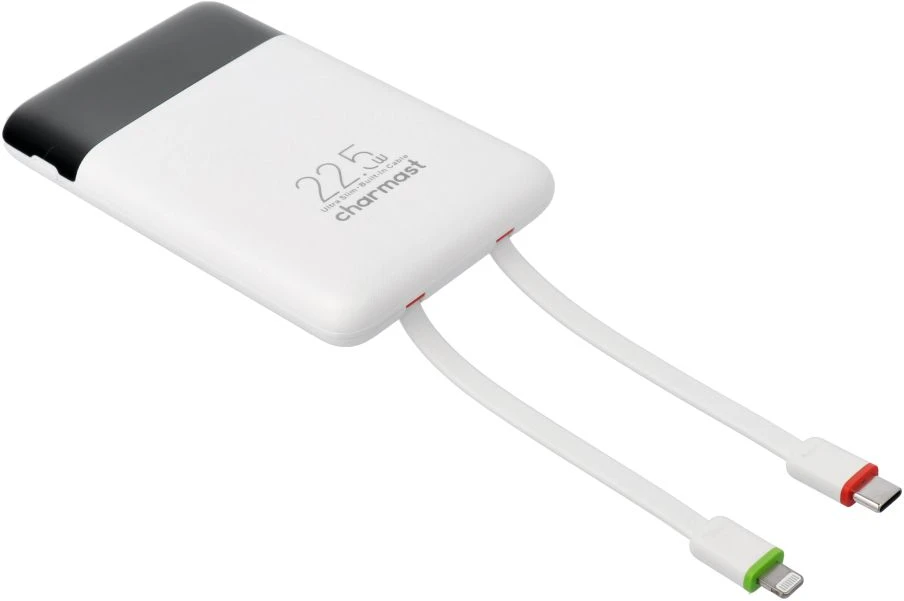 Nešiojamoji baterija Charmast W1202 PD3.0 3A 22,5W 10000 mAh su integruotais laidais USB C / Lightning baltas