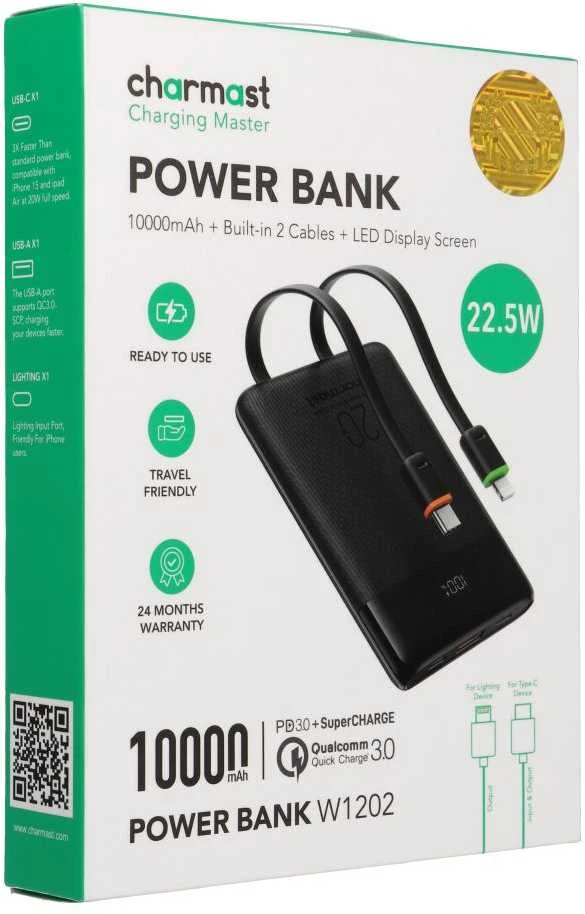 Nešiojamoji baterija Charmast W1202 PD3.0 3A 22,5W 10000 mAh su integruotais laidais USB C / Lightning juodas