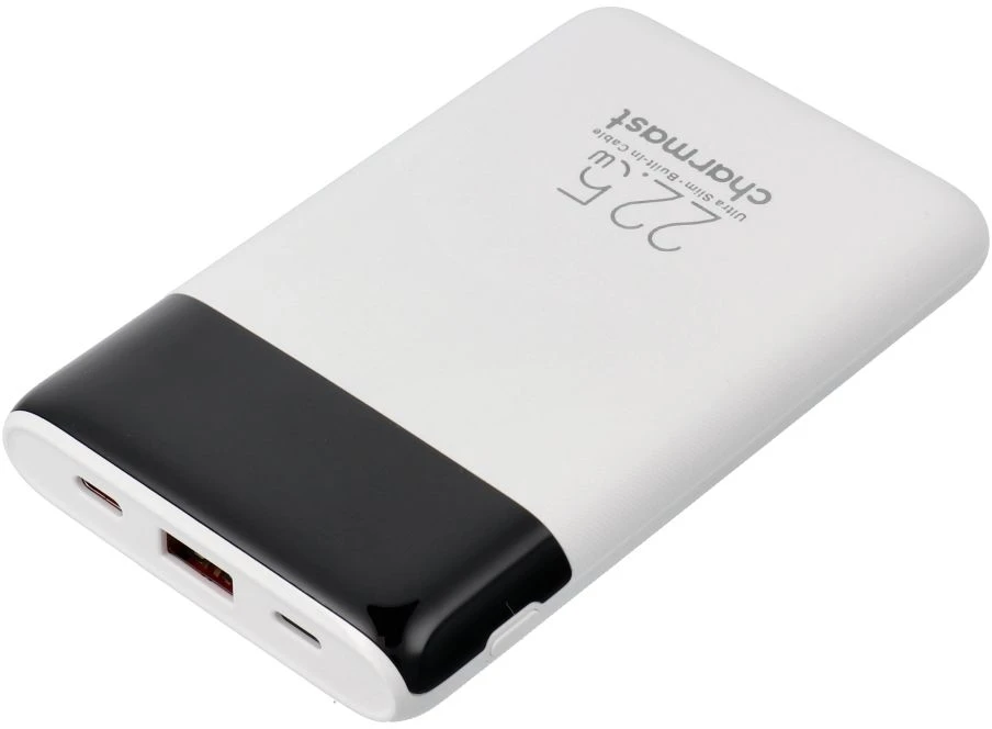 Nešiojamoji baterija Charmast W1202 PD3.0 3A 22,5W 10000 mAh su integruotais laidais USB C / Lightning baltas