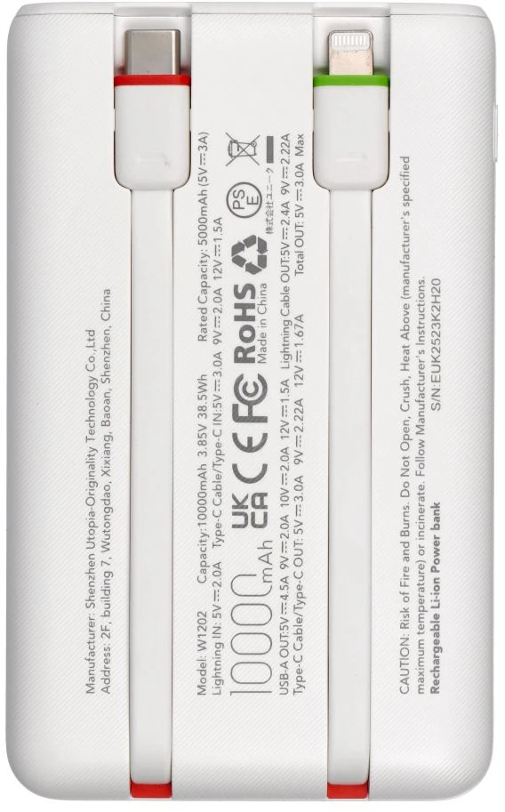 Nešiojamoji baterija Charmast W1202 PD3.0 3A 22,5W 10000 mAh su integruotais laidais USB C / Lightning baltas