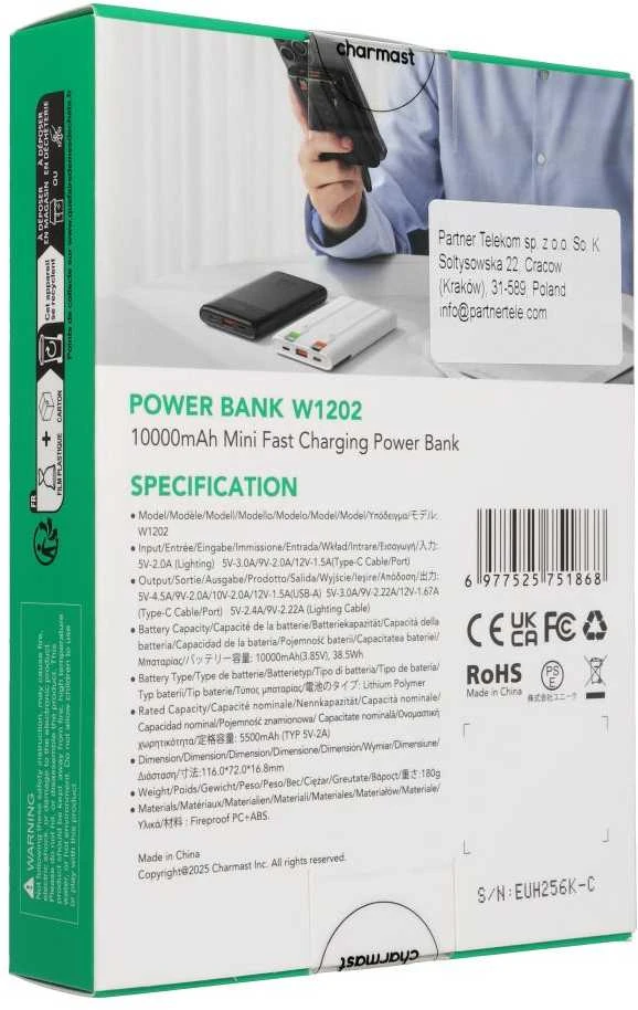 Nešiojamoji baterija Charmast W1202 PD3.0 3A 22,5W 10000 mAh su integruotais laidais USB C / Lightning juodas