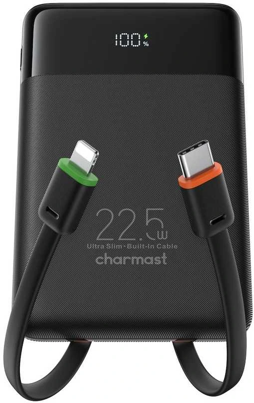 Nešiojamoji baterija Charmast W1202 PD3.0 3A 22,5W 10000 mAh su integruotais laidais USB C / Lightning juodas
