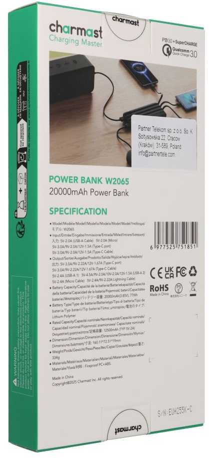 Powerbank Charmast W2065 PD3.0 3A 22,5W 20000 mAh with built-in cables USB A / USB C / Lightning / Micro USB juodas