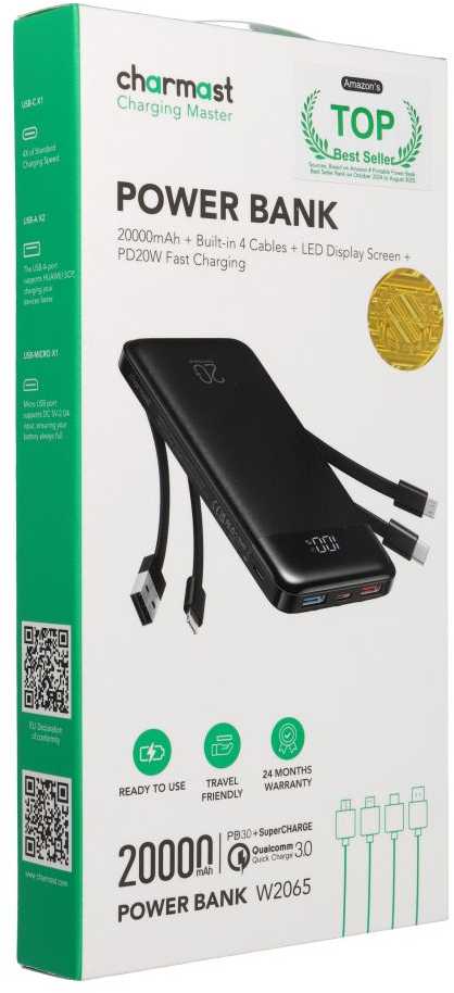 Powerbank Charmast W2065 PD3.0 3A 22,5W 20000 mAh with built-in cables USB A / USB C / Lightning / Micro USB juodas