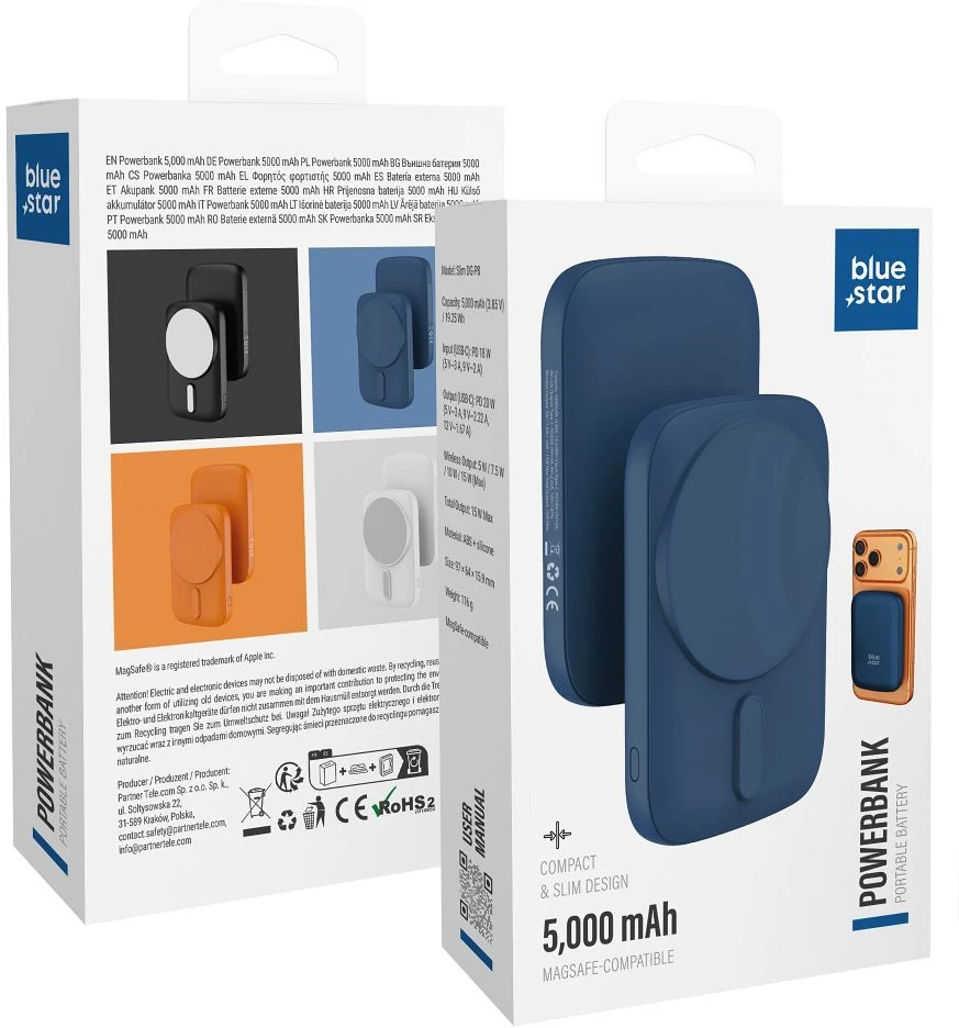 BlueStar PowerBank, suderinamas su MagSafe Blue Star Slim DG-P8 15W 5000 mAh tamsiai mėlynas