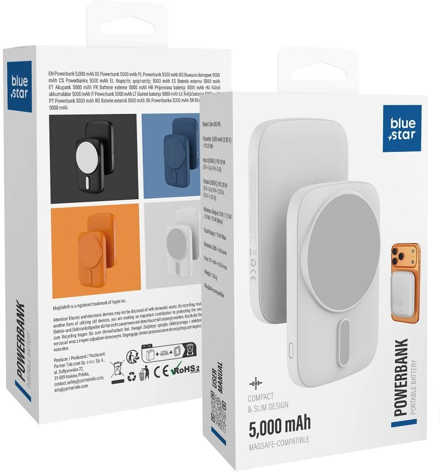 BlueStar Powerbank, suderinamas su MagSafe Blue Star Slim DG-P8 15W 5000 mAh balta