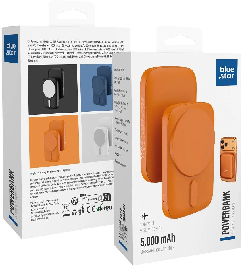 BlueStar Powerbank suderinamas su MagSafe Blue Star Slim DG-P8 15W 5000 mAh oranžinė