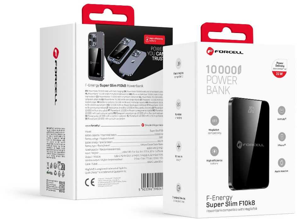 Powerbank compatible with MagSafe Forcell F-Energy SuperSlim F10K8 QC4.0 PD3.0 15W 10000 mAh juodas