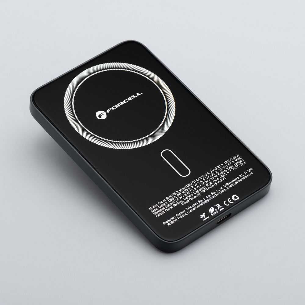 Powerbank compatible with MagSafe Forcell F-Energy SuperSlim F5K8 QC4.0 PD3.0 15W 5000 mAh juodas