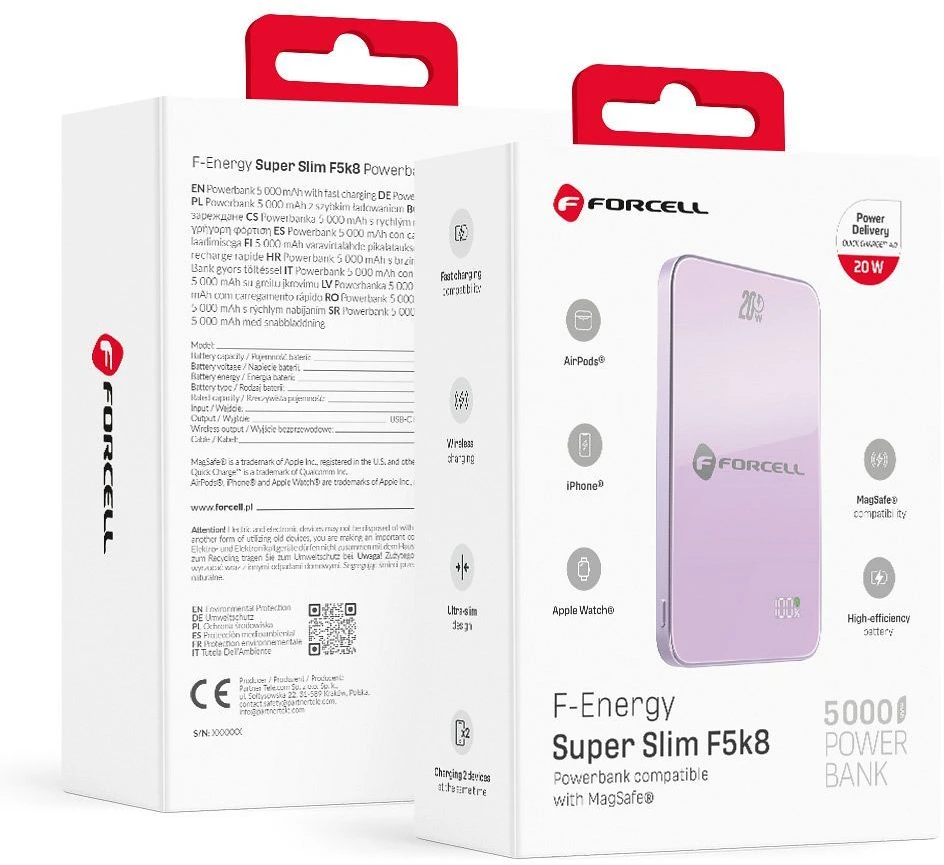 Nešiojamoji baterija, suderinama su „MagSafe Forcell F-Energy SuperSlim F5K8 QC4.0 PD3.0“ 15W 5000 mAh violetinė