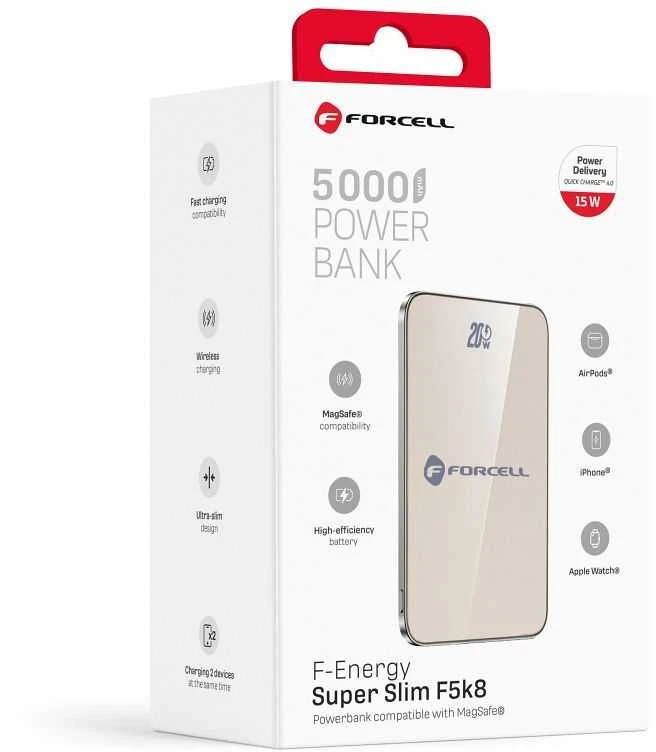 Powerbank compatible with MagSafe Forcell F-Energy SuperSlim F5K8 QC4.0 PD3.0 15W 5000 mAh titanium desert