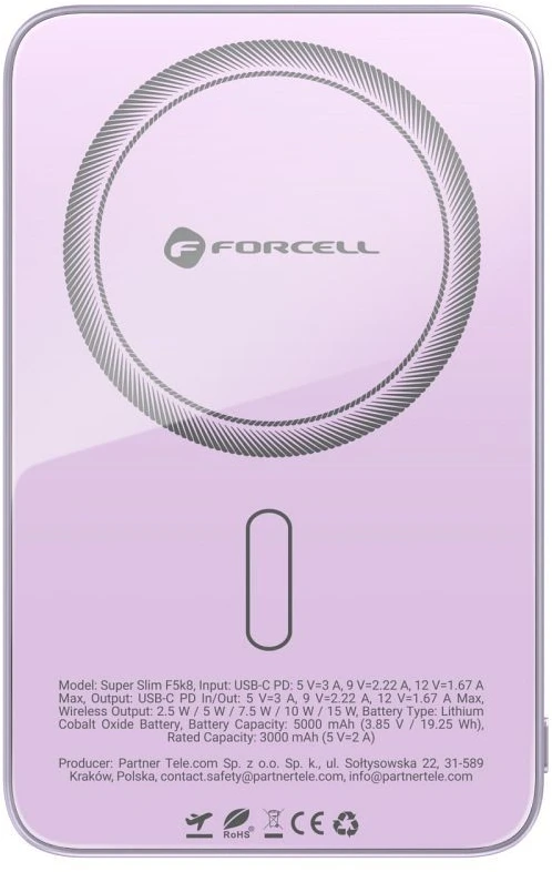 Nešiojamoji baterija, suderinama su „MagSafe Forcell F-Energy SuperSlim F5K8 QC4.0 PD3.0“ 15W 5000 mAh violetinė