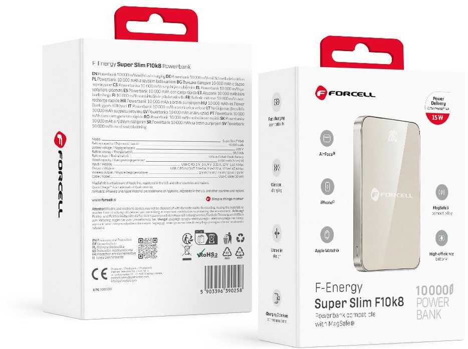 Powerbank compatible with MagSafe Forcell F-Energy SuperSlim F10K8 QC4.0 PD3.0 15W 10000 mAh titanium desert