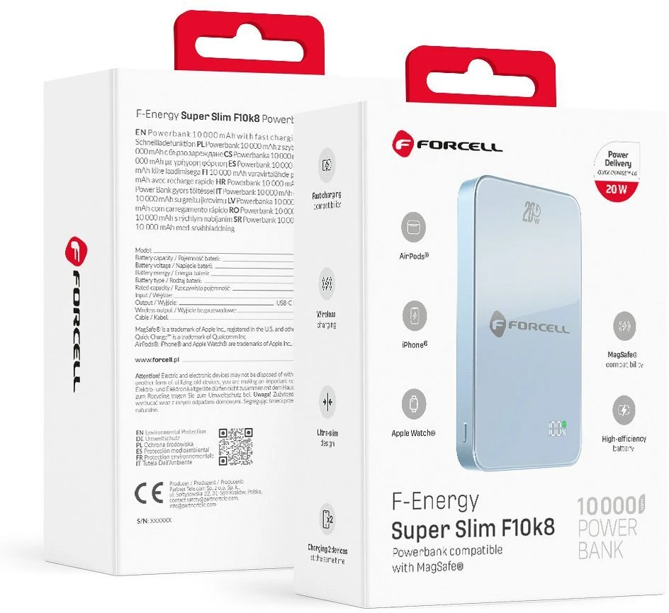 Powerbank compatible with MagSafe Forcell F-Energy SuperSlim F10K8 QC4.0 PD3.0 15W 10000 mAh mėlynas