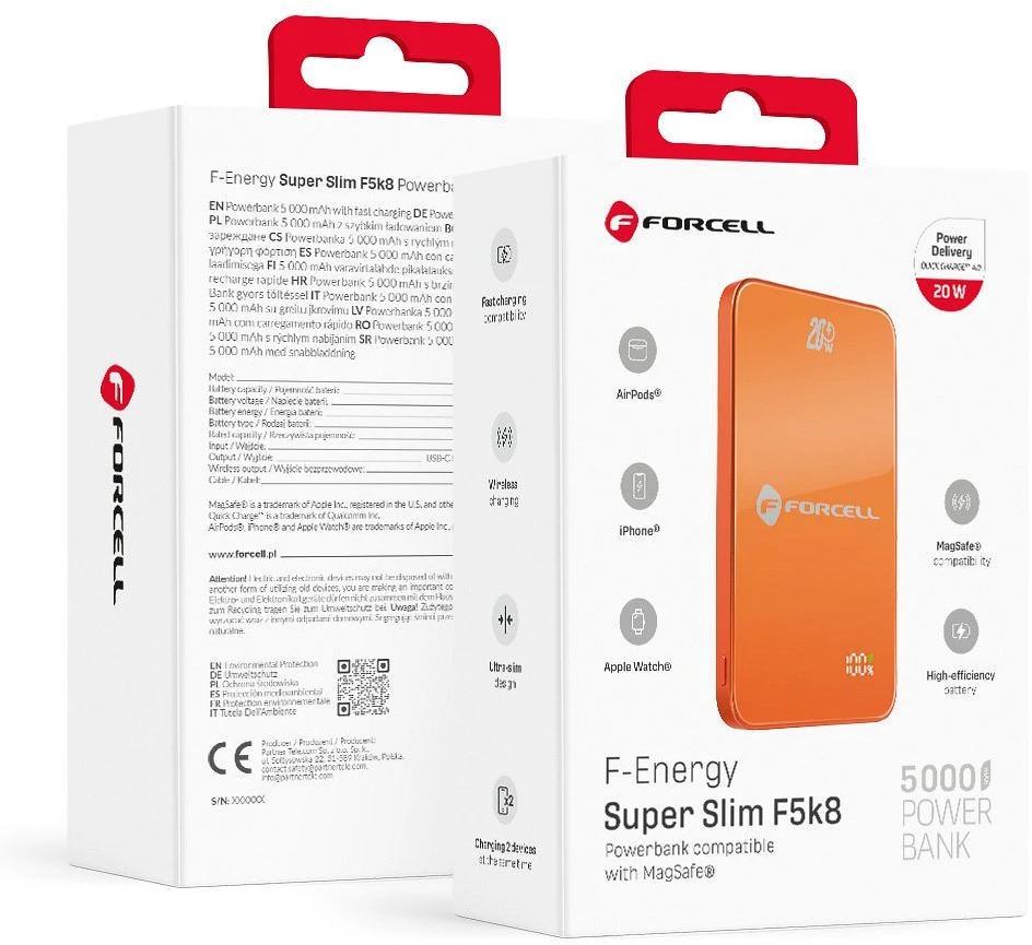 Nešiojamoji baterija, suderinama su „MagSafe Forcell F-Energy SuperSlim F5K8 QC4.0 PD3.0“ 15W 5000 mAh oranžinis